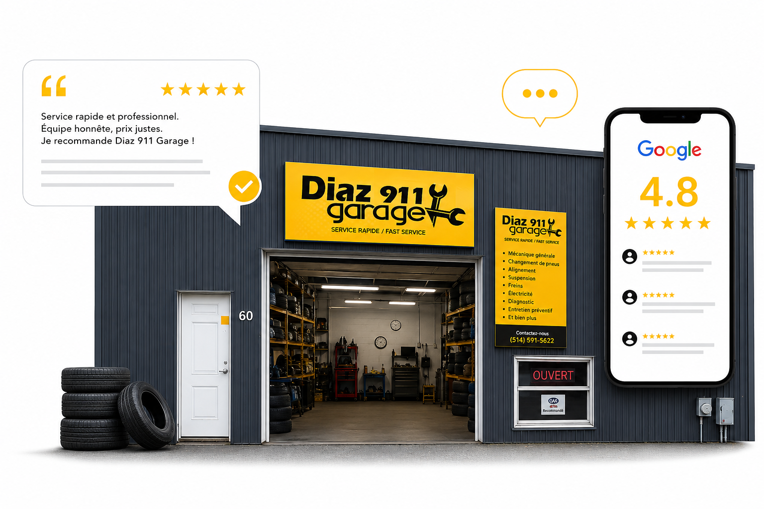 Atelier du Garage Diaz 911 à Verdun — baies de service et véhicules en entretien
