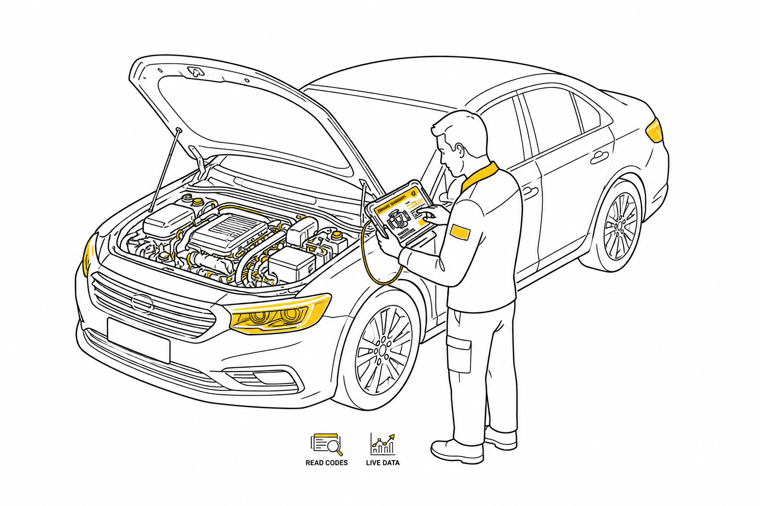 Illustration technique d’inspection diagnostic moteur et scanner.