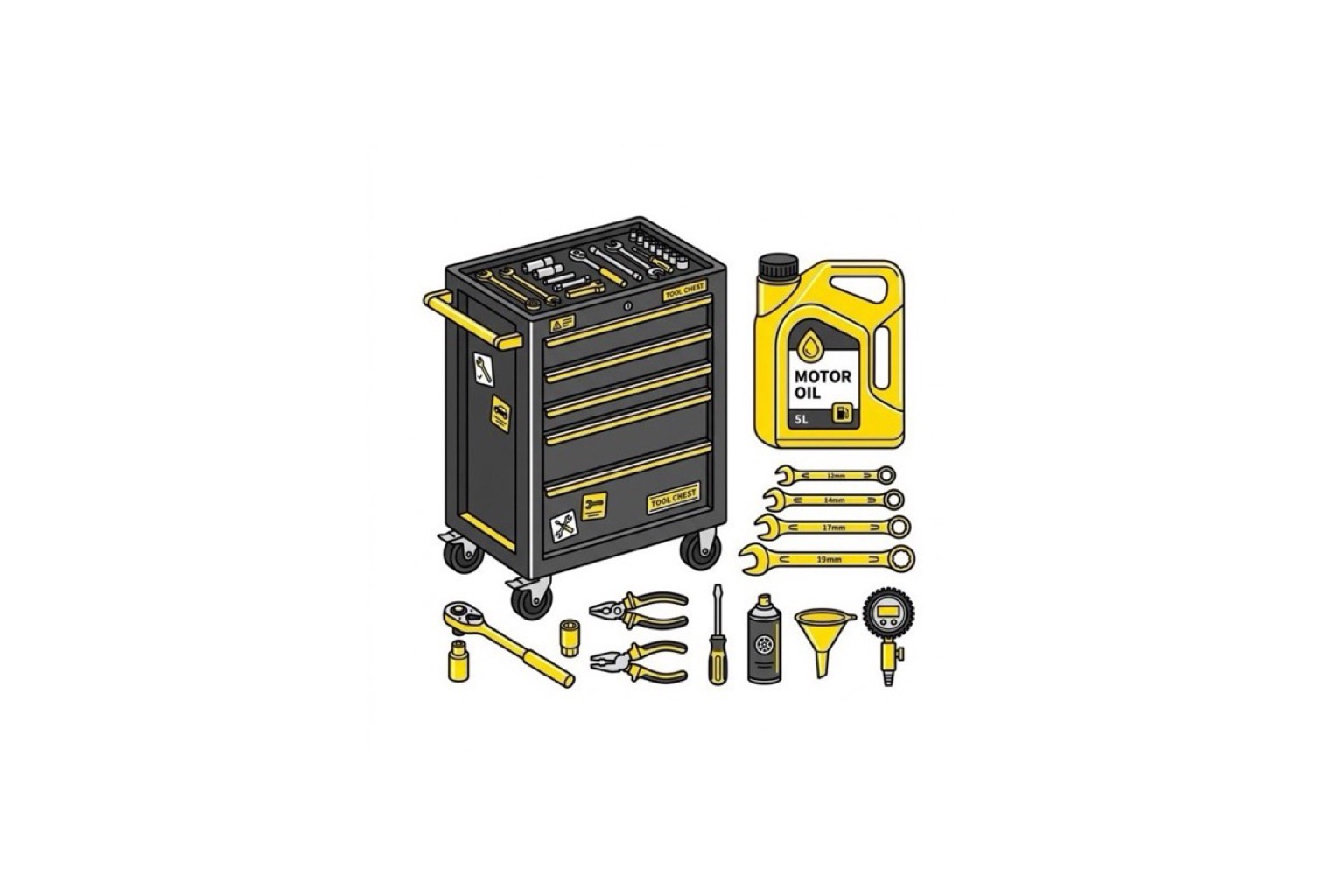 Illustration technique du coffre à outils, huile et équipements d’entretien.